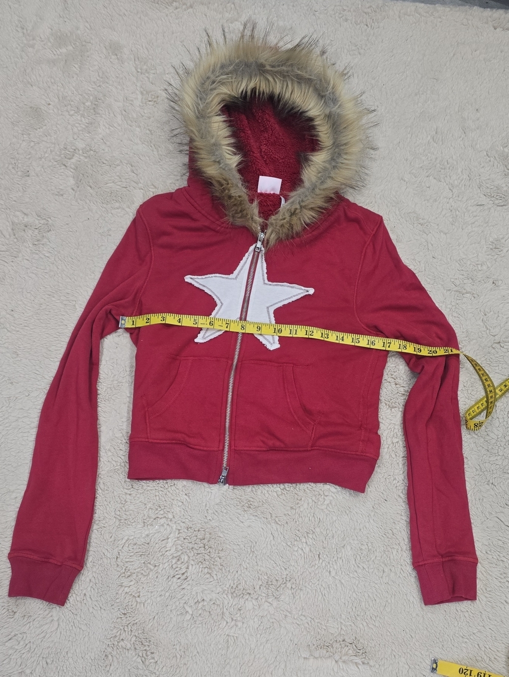 Urban Outfitters Red Zip Hoodie with Faux-Fur Trimmed Hood and White Star - Picture 3 of 7
